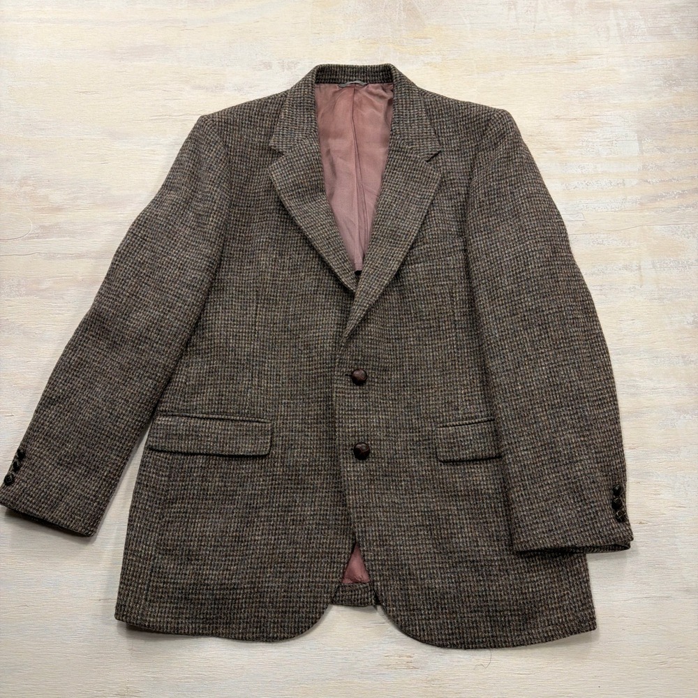 Harris Tweed Sport Coat Blazer Handwoven Scottish Wool Brown Plaid Mens 44 Reg